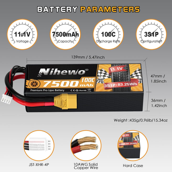 3S Lipo-Akku, 2 Packungen RC-Akku 11,1V 7500mAh 100C 3S Lipo-Hartschalengehäuse XT90-Anschluss kompa