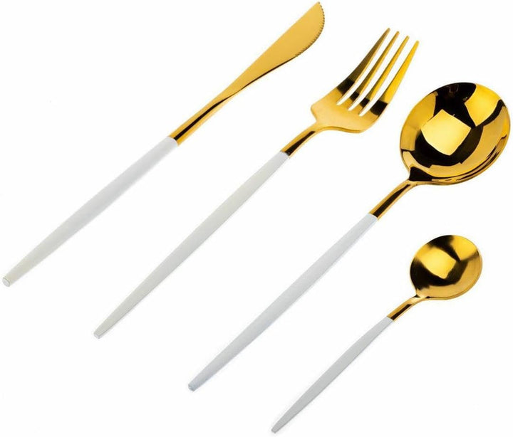 "HowHomely Goldenes Besteck Set 4 Elemente - Besteckset Gold - Essbesteck Gabeln, Messer und 2x Löff