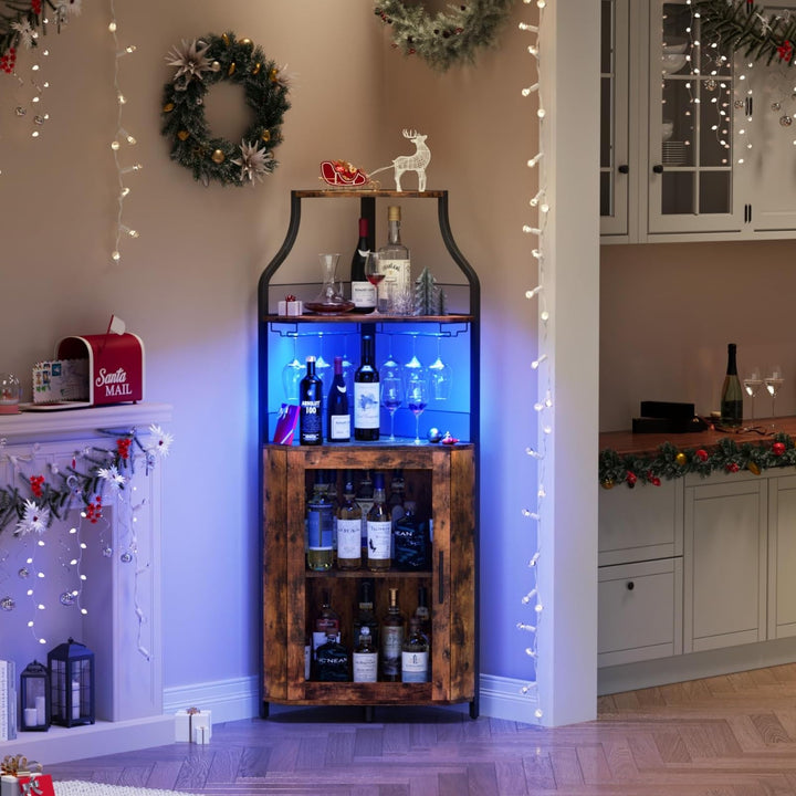 Eck-Weinregal, 5 Etagen Weinregal Freistehender mit Glashalter and Weinaufbewahrung, industrielles W