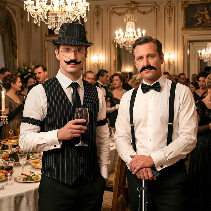 11 Stück 1920er Jahre Herren Gatsby Kostüm Set Weste, Beret, Krücke, Brille, Ärmelstülpe, Hosenträge