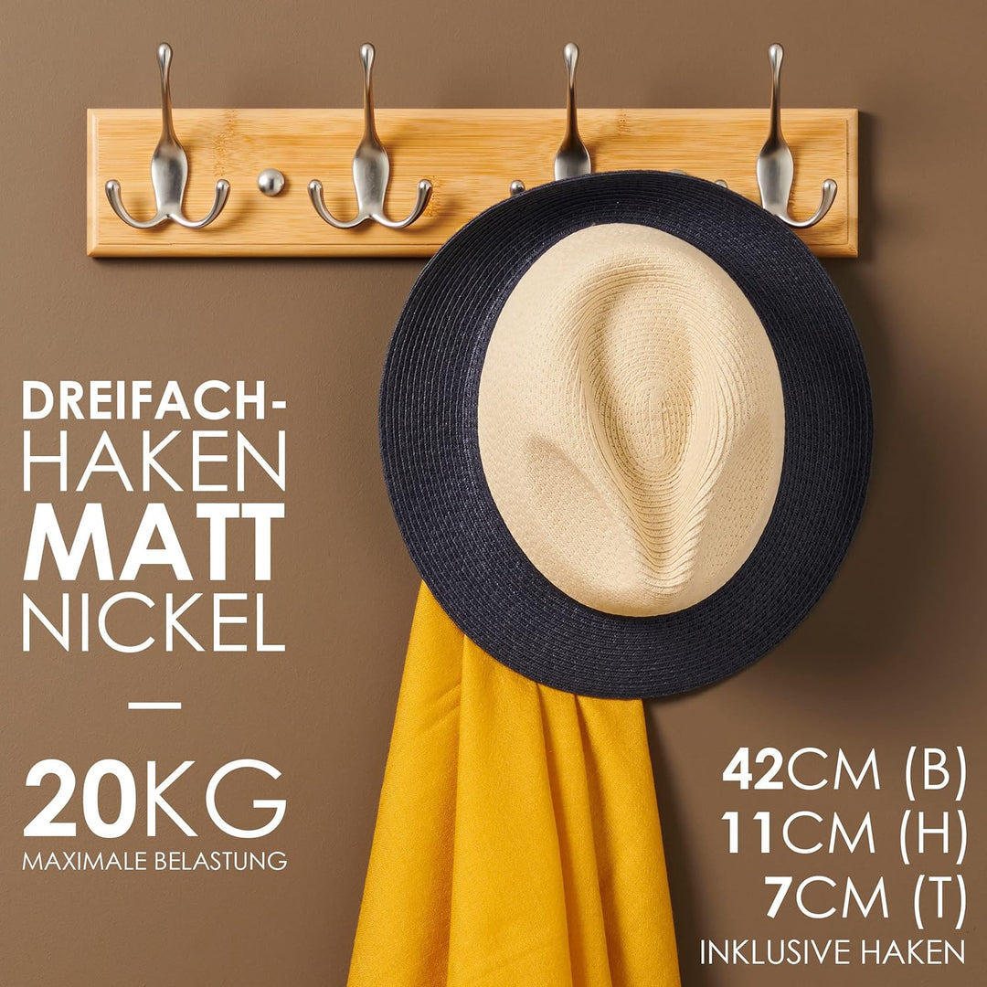 LARHN Garderobenhaken Holz - Garderobenleiste Holz mit 4 Haken in Nickel Matt - 42 cm - Kleiderhaken