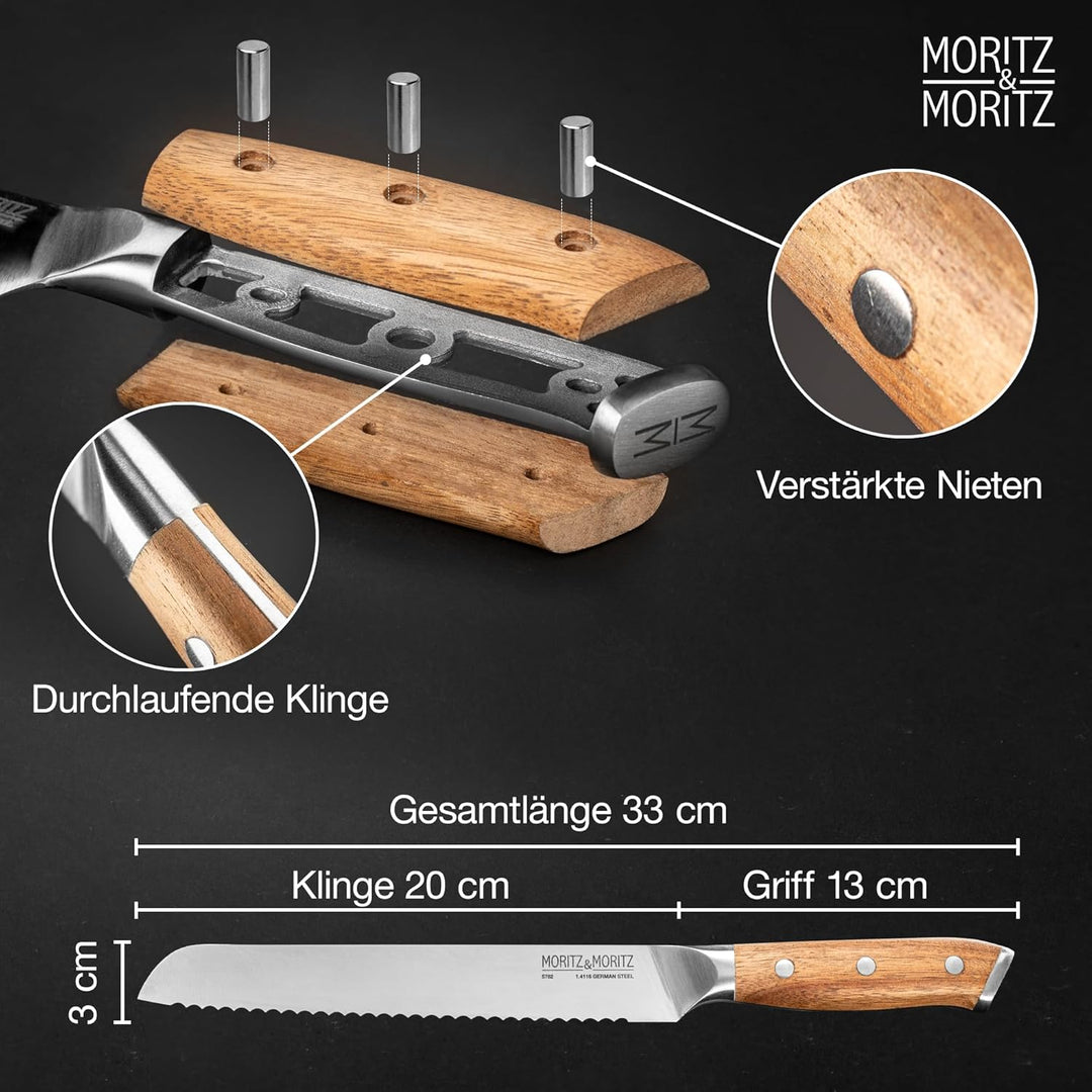 Moritz & Moritz Brotmesser 20 cm - Grosses Profi Brotschneidemesser mit Wellenschliff - Scharfes Säg