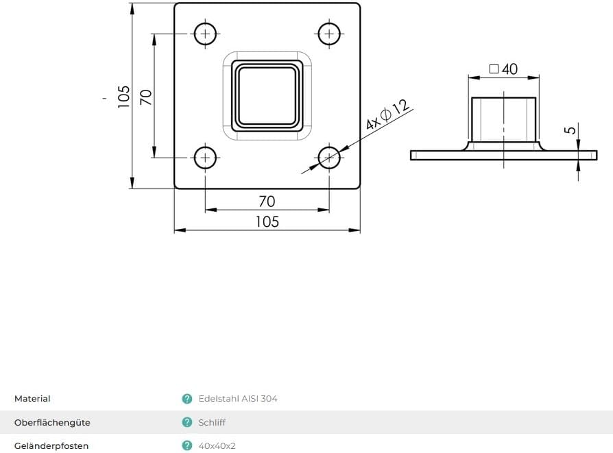 Sellon24® Edelstahl Bodenflansch 105x105 Bodenanker eckig Rohr 40x40 mm Geländer Pfosten V2A geschli