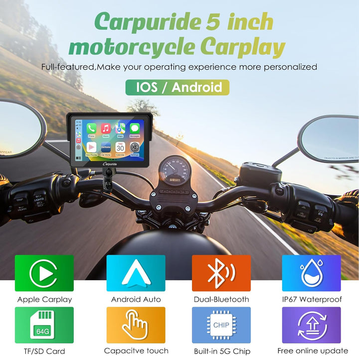 Carpuride W502 Carplay Bildschirm für Moto, Tragbares CarPlay und Android Auto für Motorrad, 5 Zoll
