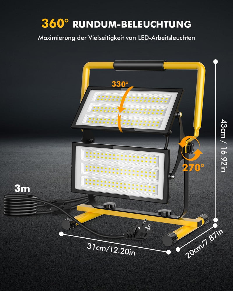 Bellanny LED Baustrahler 200W 20000LM Arbeitsscheinwerfer Arbeitsleuchte mit Stecker, 6500K Baustell