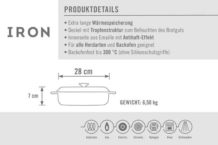 Woll 828CI-010 Iron Gusskasserolle mit Deckel 3,7 Liter + Silikongriffen Rot, Rot