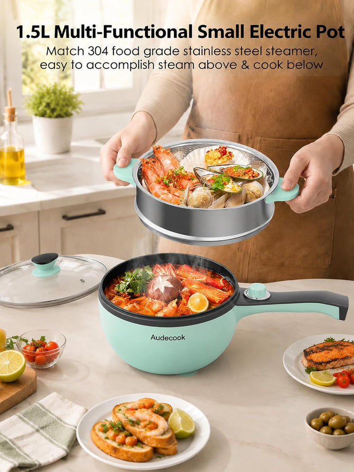 Audecook Elektrische Hot Pot mit Dampfgarer, 1,5 l Elektrische Bratpfanne, Hot Pot Topf 20cm, Antiha