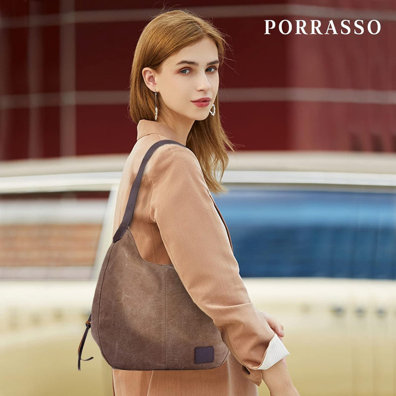 PORRASSO Damen Handtasche Canvas Hobo Schultertasche Mädchen Tote Bag Shopper Henkeltasche für Schul