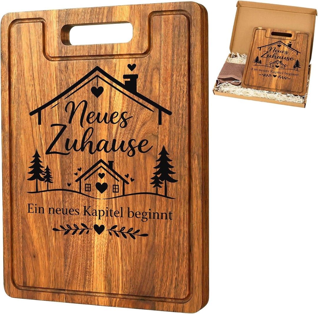 Einzugsgeschenke Wohnung - 38x28x2cm Akazienholz Schneidebrett mit Saftrille - Edles Einweihungsgesc