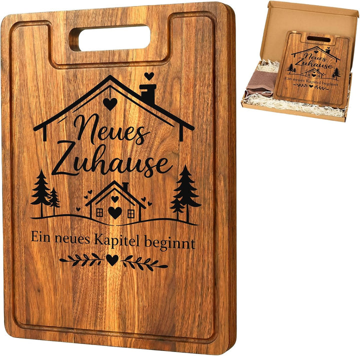 Einzugsgeschenke Wohnung - 38x28x2cm Akazienholz Schneidebrett mit Saftrille - Edles Einweihungsgesc