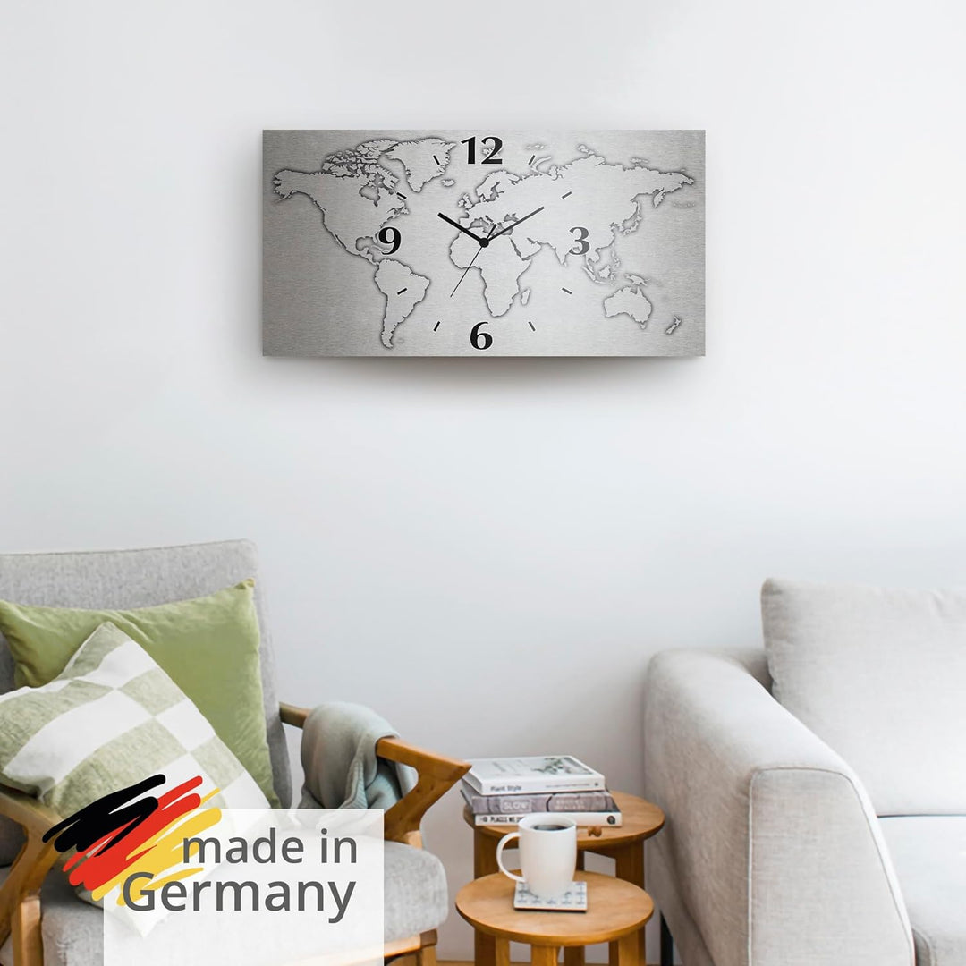ARTLAND Wanduhr ohne Tickgeräusche Alu Quarzuhr Silber metallic lautlos 50x25 cm Rechteckig Weltkart