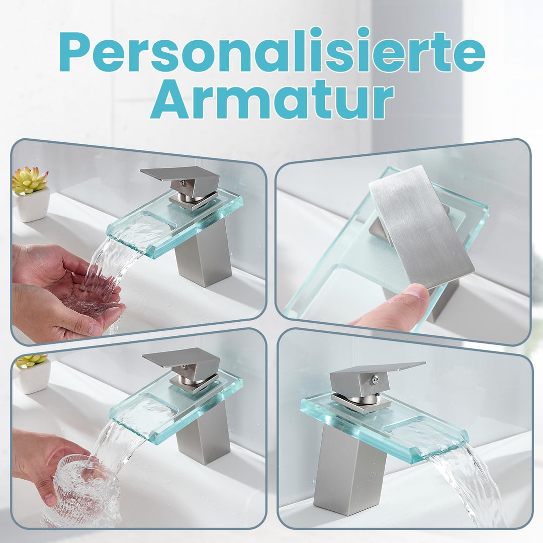Wasserhahn Bad,Wasserfall Armatur Badezimmer Glas,Einhand-Waschtischarmatur,Gebürstet, Gebürstet