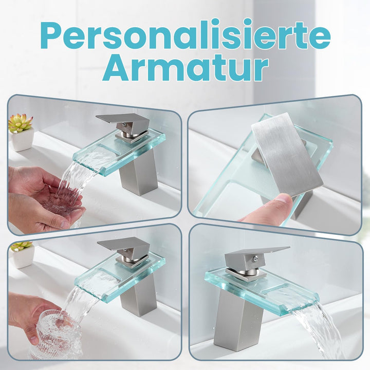 Wasserhahn Bad,Wasserfall Armatur Badezimmer Glas,Einhand-Waschtischarmatur,Gebürstet, Gebürstet
