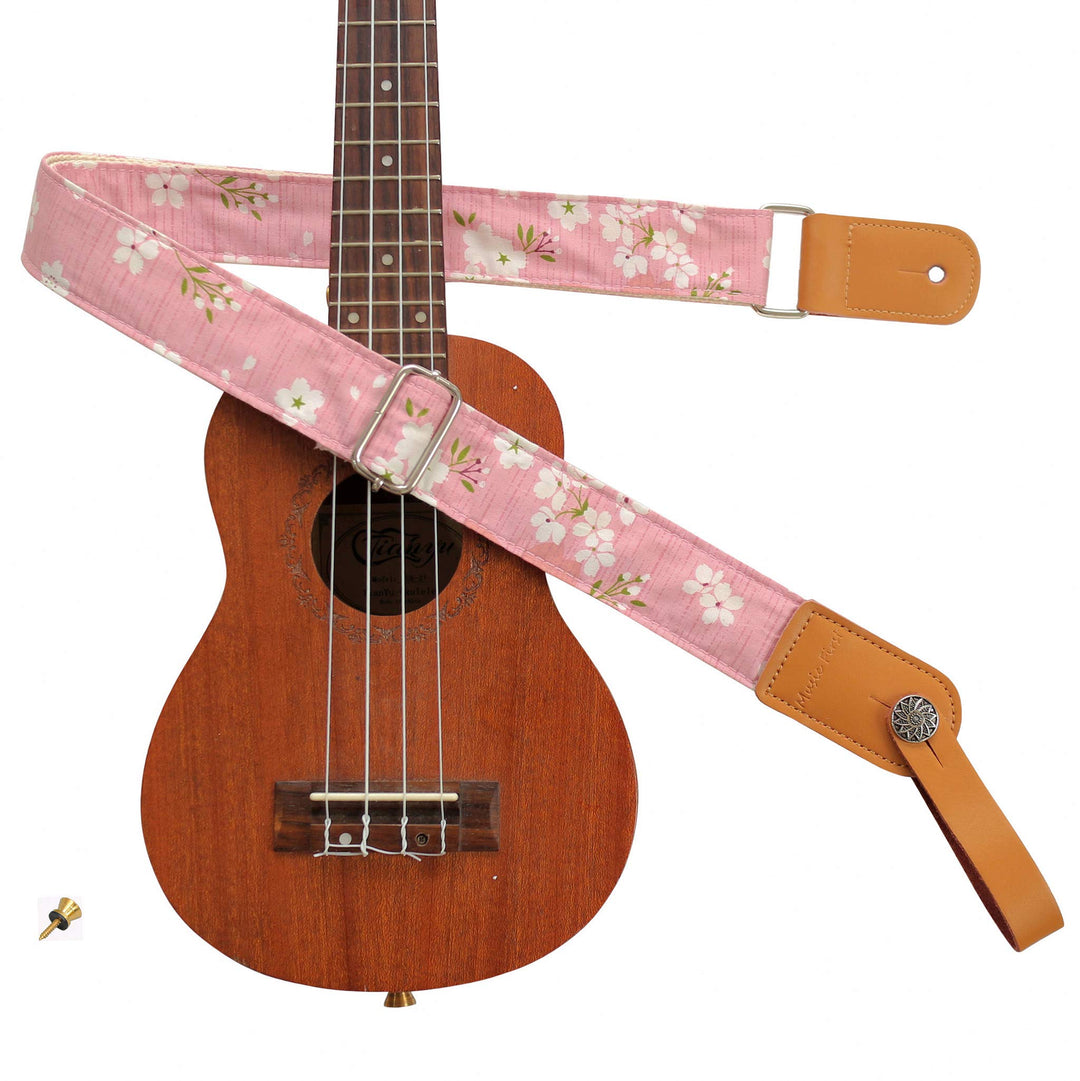 MUSIC FIRST Ukulelengurt, Vintage-Stil, "Pink Sakura", weiches Musselin und echtes Leder, Ukulelengu