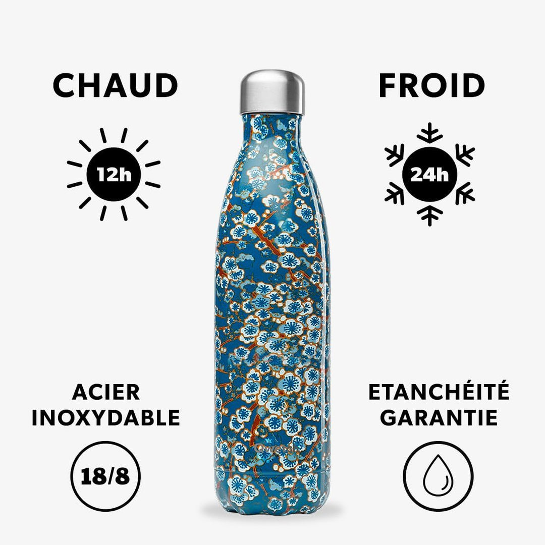 QWETCH - Isothermische Originals Flasche - Flowers Blau 750ml - Nomadische Edelstahlflasche - 24h Ka