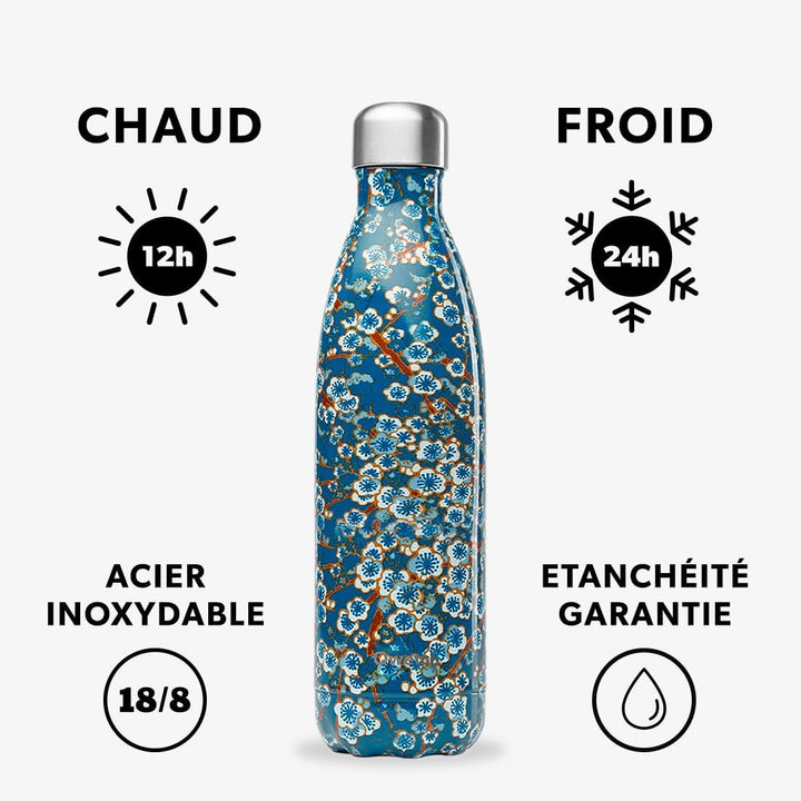QWETCH - Isothermische Originals Flasche - Flowers Blau 750ml - Nomadische Edelstahlflasche - 24h Ka