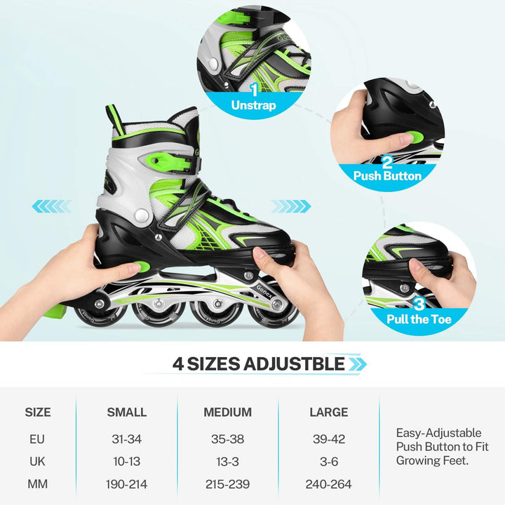 Gonex Inliner für Kinder, Inline Skates für Mädchen Jungen mit Leuchtende Räder Einstellbarer Grün S