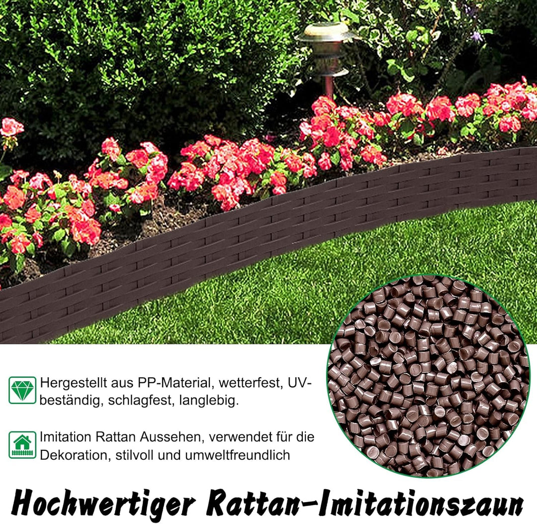 YUENFONG 5m Beeteinfassung Rasenkante Biegbarer Beetumrandungen Kunststoff Rasenkanten, Rattan-Optik