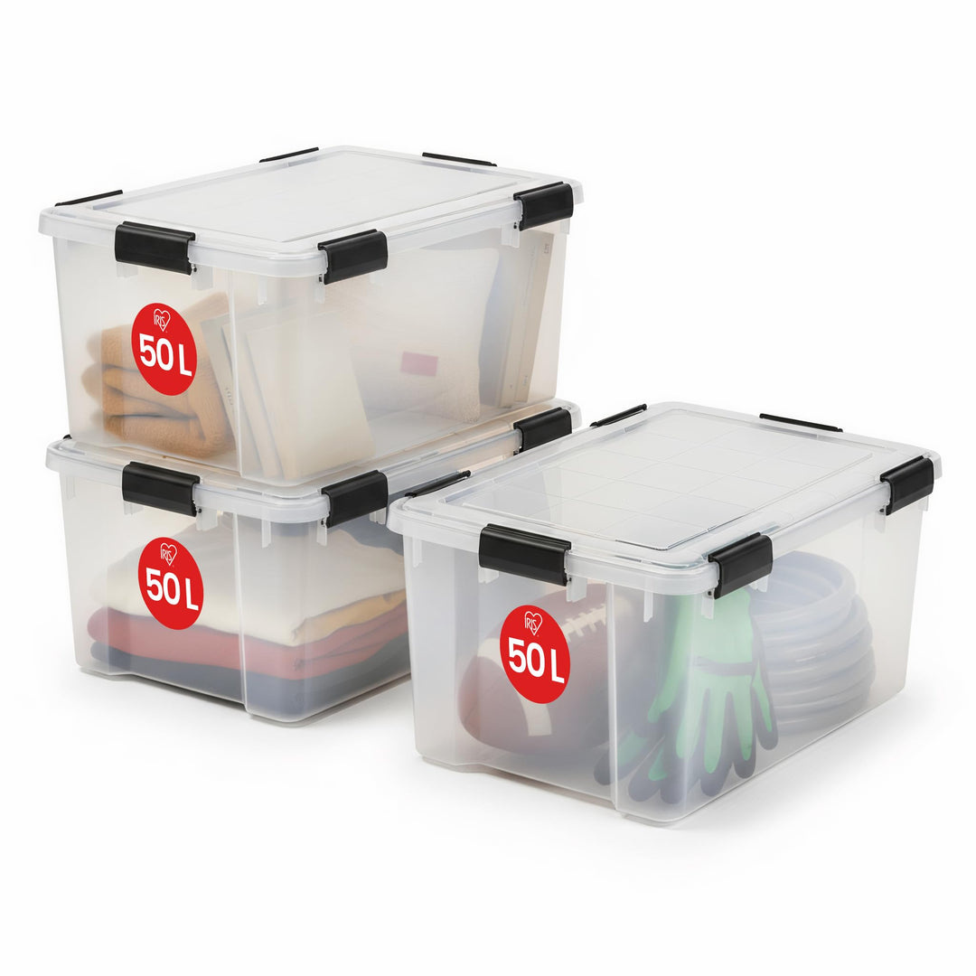 Iris Ohyama Luftdichte Kunststoff-Aufbewahrungsboxen mit Deckel, 50L, 3er-Set, Transparent, Hermetis
