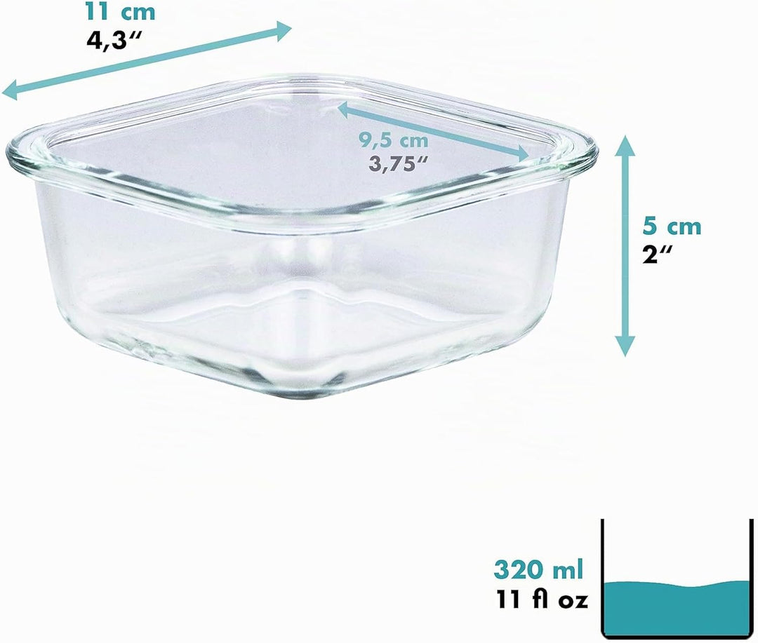 Grizzly Glas Frischhaltedosen, Set 6x 320 ml, luftdicht, quadratisch, Click-Verschluss, vielseitige