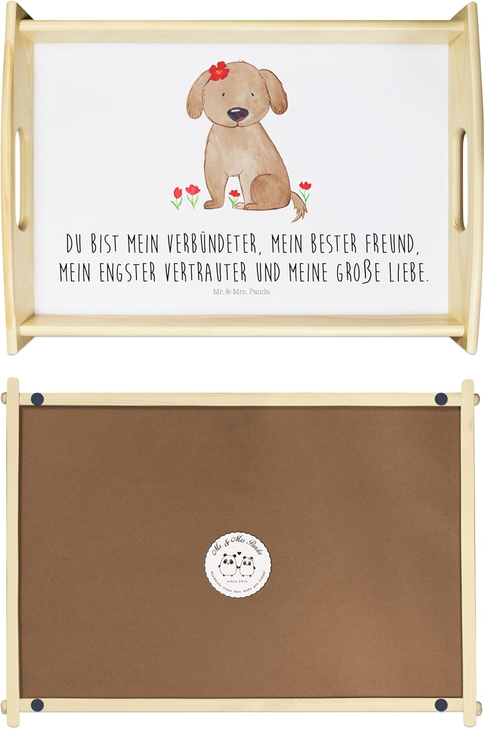 Mr. & Mrs. Panda Tablett Hund Dame - Geschenk, sofatablett, Holztablett, Hunde, Hundeglück, Sprüche,