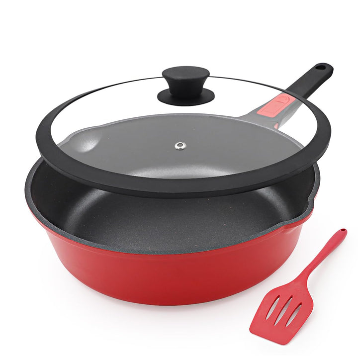 Pfanne 28cm mit Deckel, Aluminium Bratpfanne Hoher Rand mit Abnehmbarer Griff, für alle Herde|Anti-K