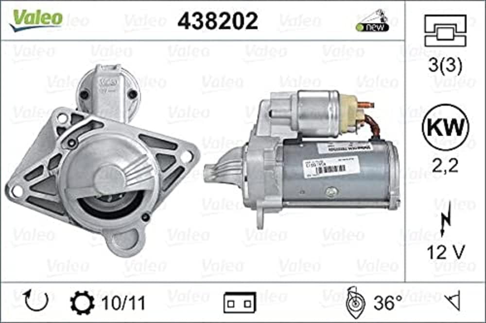 VALEO 438202 Starter Nennleistung: 2,2 kW Stop & Start: NO Zähnezahl: 10 zähne Spannung: 12 V Drehri