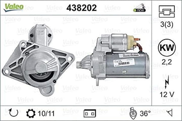 VALEO 438202 Starter Nennleistung: 2,2 kW Stop & Start: NO Zähnezahl: 10 zähne Spannung: 12 V Drehri