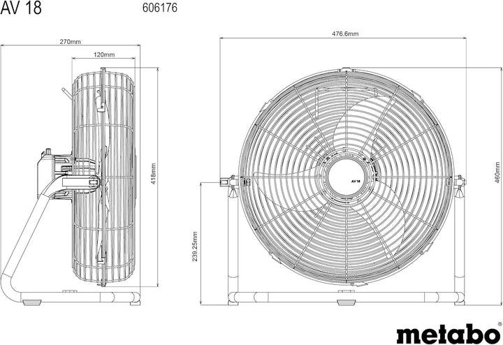 Metabo Akku-Ventilator AV 18 – 606176850 – 18 V – Ventilator mit einstellbarer Luftgeschwindigkeit u