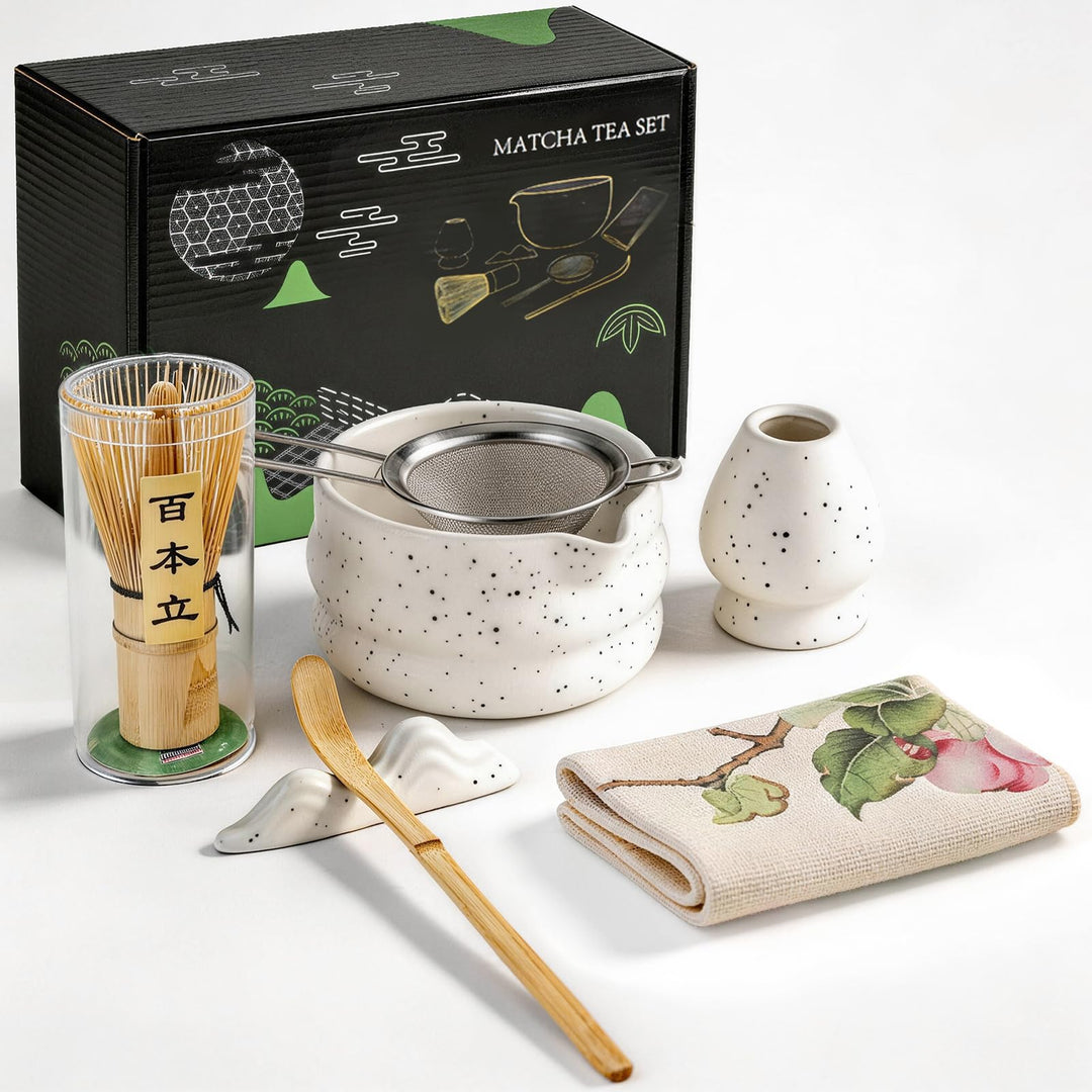 Matcha Set 7-teilig | Premium Tee-Zeremonie Set mit Matcha-Schale, Bambus-Chasen (100+ Spitzen), Hal