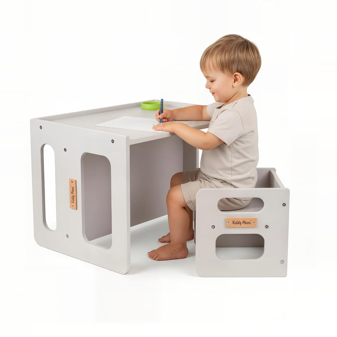 KiddyMoon Kindertisch Mit Stuhl Für Kinder Runde Tresor Kanten Kinderzimmer Möbel, Grau Kindertische