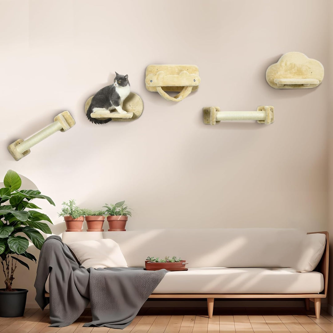 PawHut Kletterwand Katzen, 5-teilig Katzenkletterwand Set, Katzen Wandelemente mit 2 Kratzstämmen, 2