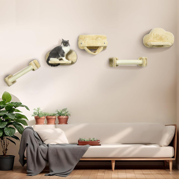 PawHut Kletterwand Katzen, 5-teilig Katzenkletterwand Set, Katzen Wandelemente mit 2 Kratzstämmen, 2