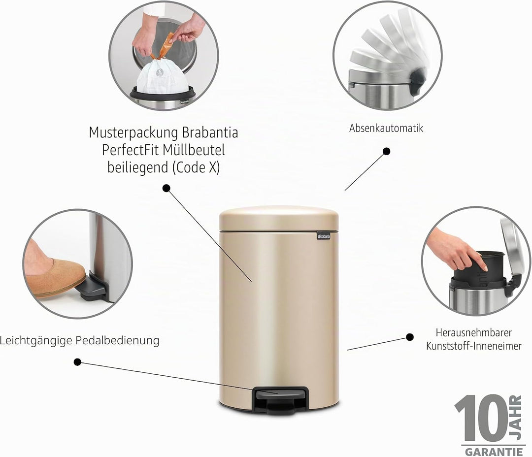 Brabantia Mülleimer, Stahl, Metallic Gold, 12L 12 Liter Champagne, 12 Liter Champagne
