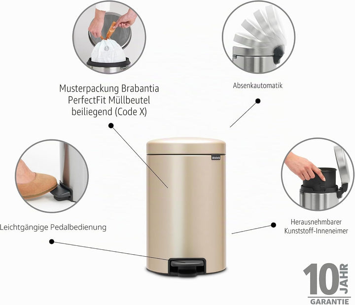 Brabantia Mülleimer, Stahl, Metallic Gold, 12L 12 Liter Champagne, 12 Liter Champagne