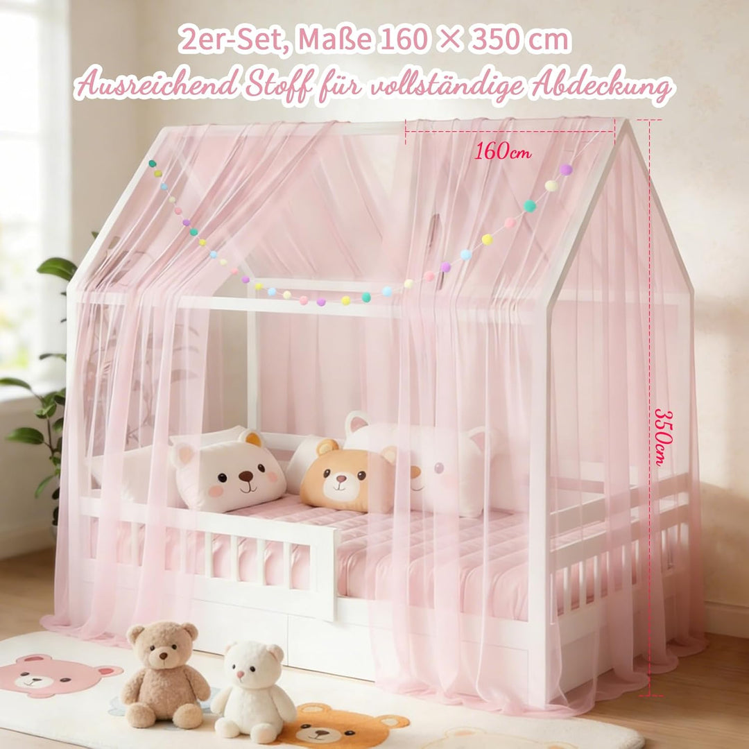 2 Stück Hausbett Himmel für Kinderbett, 160x350cm mit Farbiger Pompon-Girlande & Befestigungsbändern