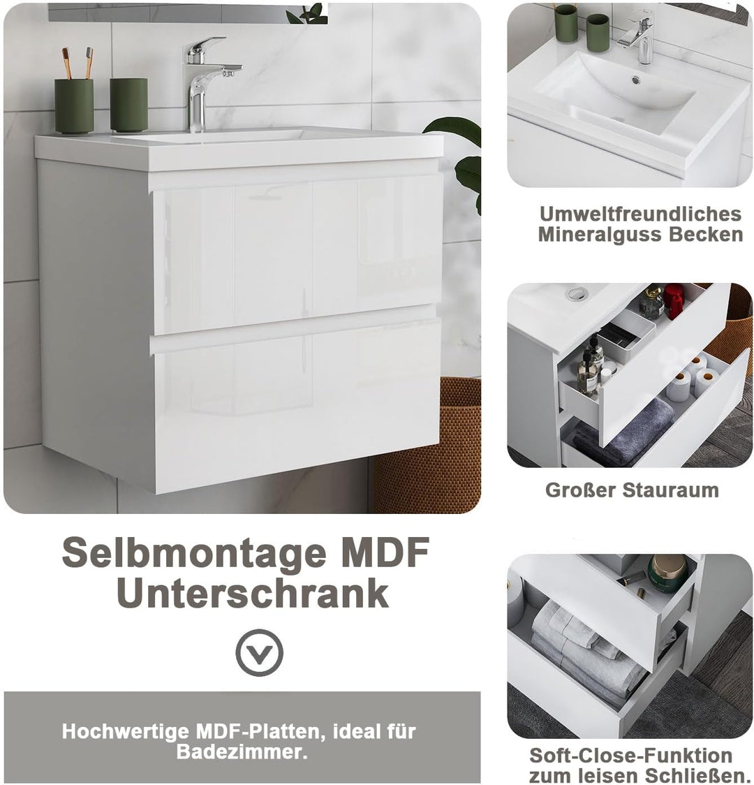 Aica Sanitär Waschtisch mit Unterschrank 50cm Alast Badmöbel Set Hochglanz Anthrazit Waschbecken mit