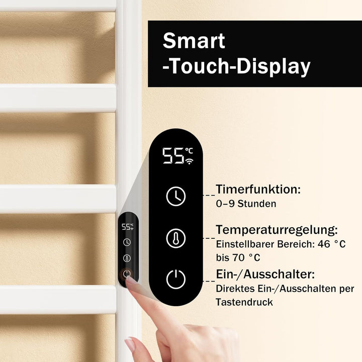 Handtuchheizkörper Elektrisch, Badheizkörper Handtuchhalter, Wählbare Temperatur, Touch Control LED-