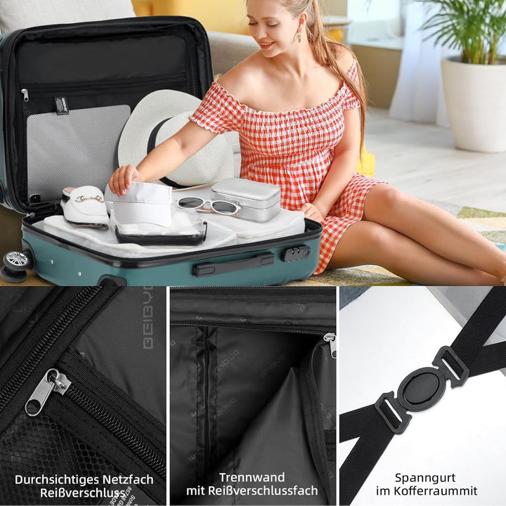 BEIBYE Zwillingsrollen 2066 Hartschale Trolley Koffer Reisekoffer Gepäck M-L-XL-Set (Dunkelgrün, XL)