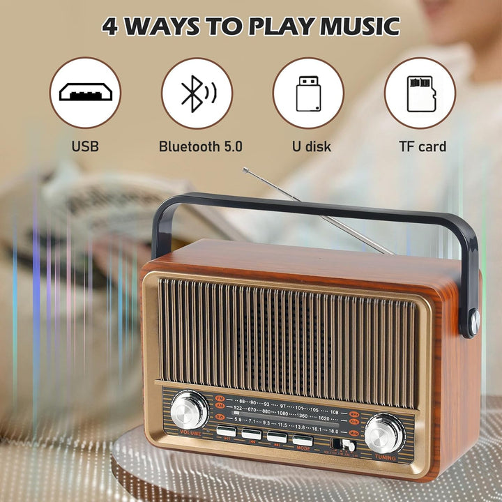 Retro Radio mit Bluetooth, Nostalgie Kofferradio Klein mit AM/FM/SW3, USB/TF/AUX, Wiederaufladbar, K