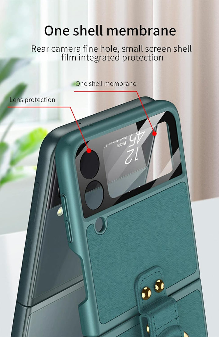 COQUE Hülle für Galaxy Z Flip 3 5G Hülle, schmales Leder Metallring handgemachte Schultergurt Schutz