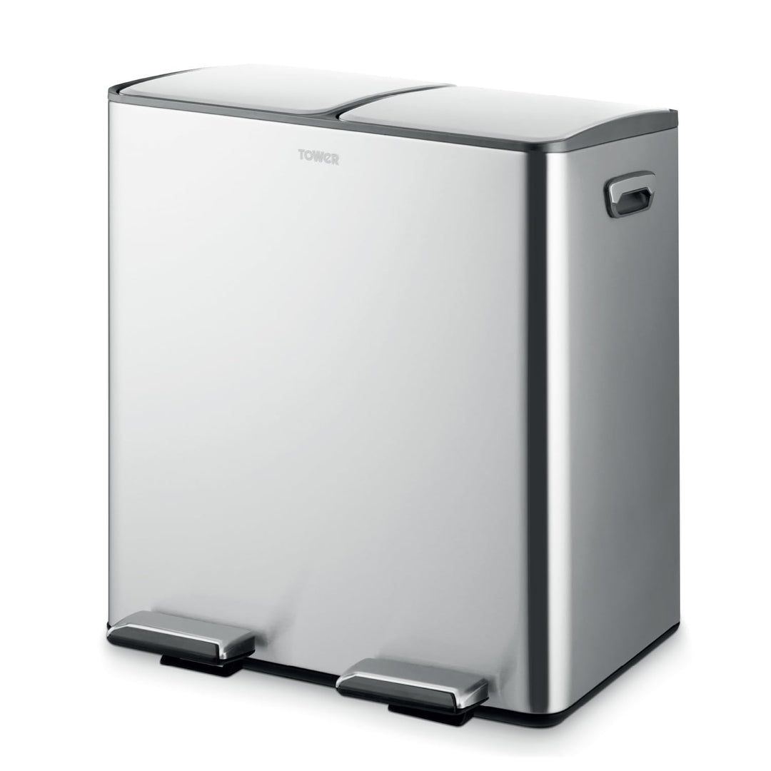 Tower T838022SS Recycling-Treteimer mit zwei 20-Liter-Fächern, Körper aus Karbonstahl, zwei Inneneim