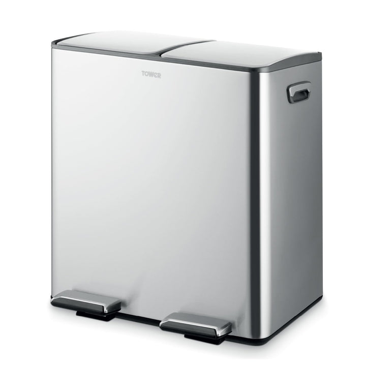 Tower T838022SS Recycling-Treteimer mit zwei 20-Liter-Fächern, Körper aus Karbonstahl, zwei Inneneim