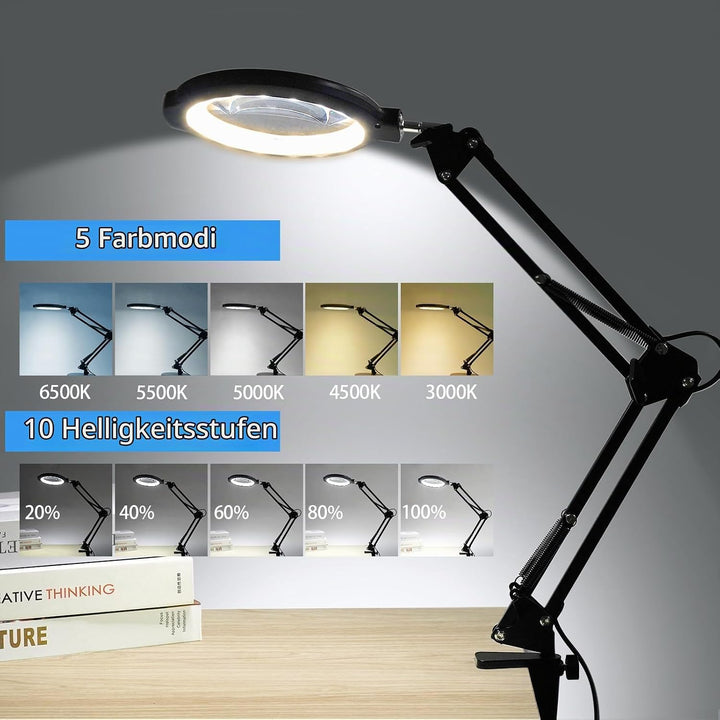 12X Tischlupe mit Licht und Ständer, Tischlampe mit Lupe &amp; Lupenleuchte mit Klemme 2-in-1, 5 Farbmod