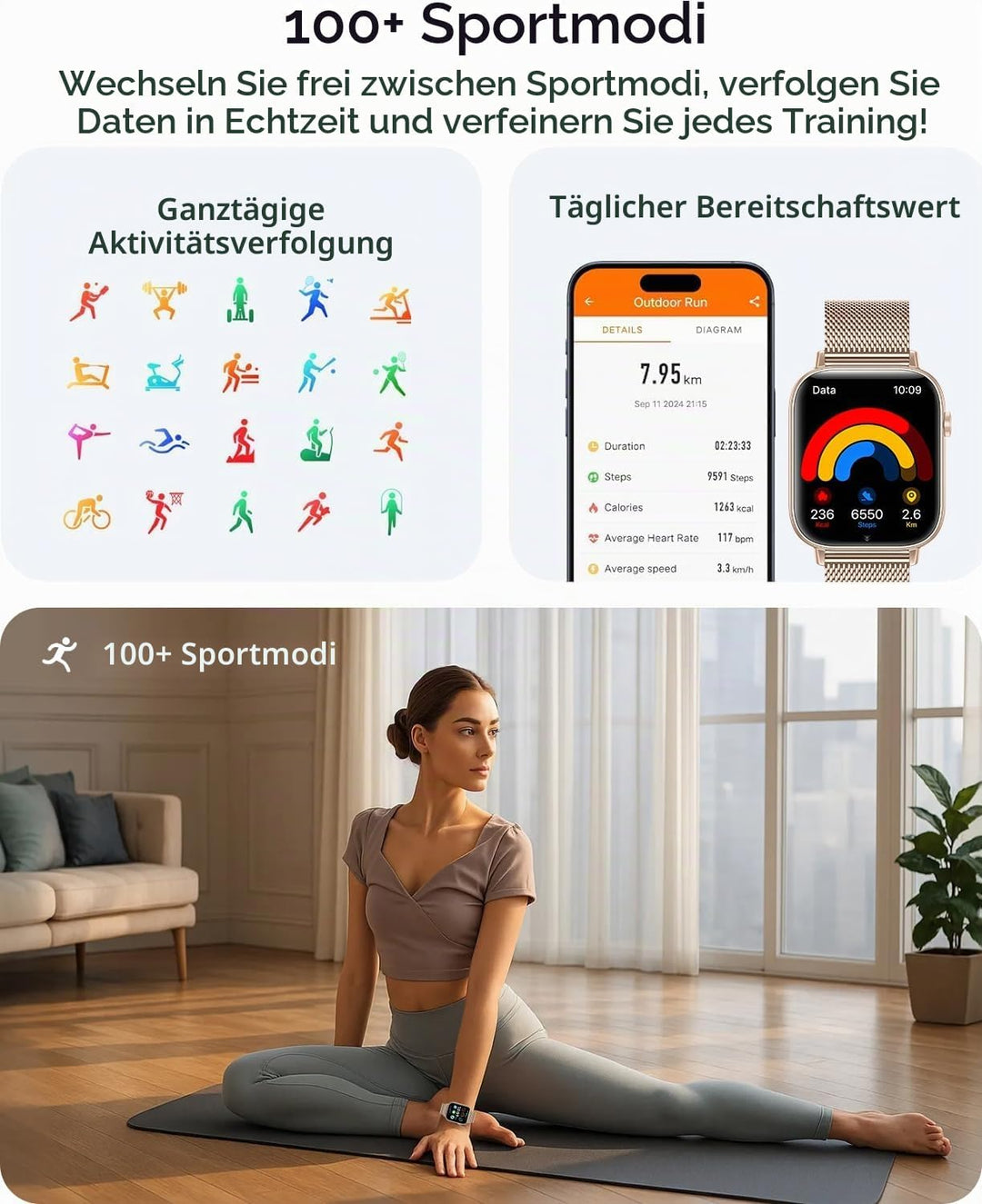 Smartwatch Damen, 1.83 Zoll HD-Display Smart Watch mit Telefonfunktion, 100+ Sportmodi Fitness Track