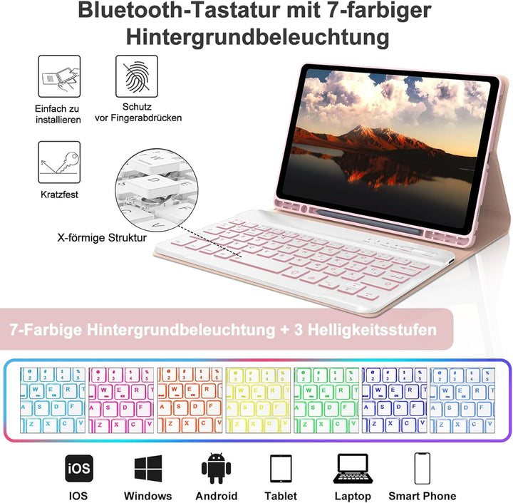Hülle mit Tastatur für Samsung Galaxy Tab A9 8.7'' 2023, 7 Farben Beleuchtung, QWERTZ Deutsches, Mag