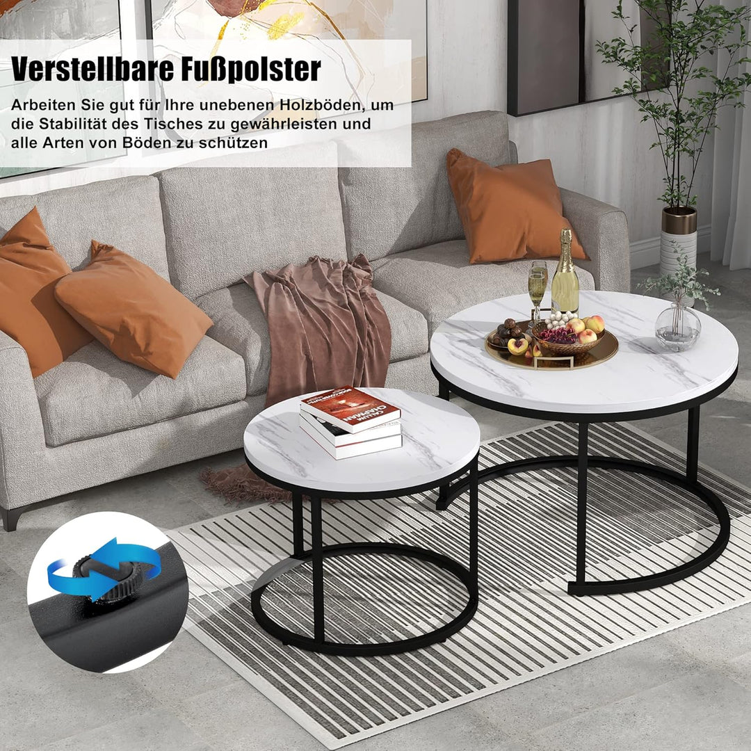 Merax Rund Couchtisch Set, 2-in-1 Nesting Couchtisch Satztisch, mit Marmormuster, Metallgestell, für