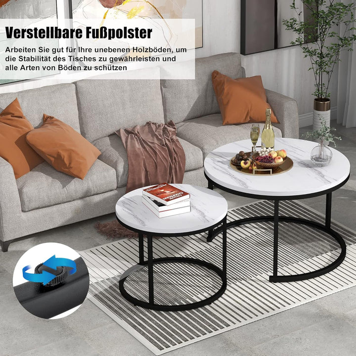 Merax Rund Couchtisch Set, 2-in-1 Nesting Couchtisch Satztisch, mit Marmormuster, Metallgestell, für