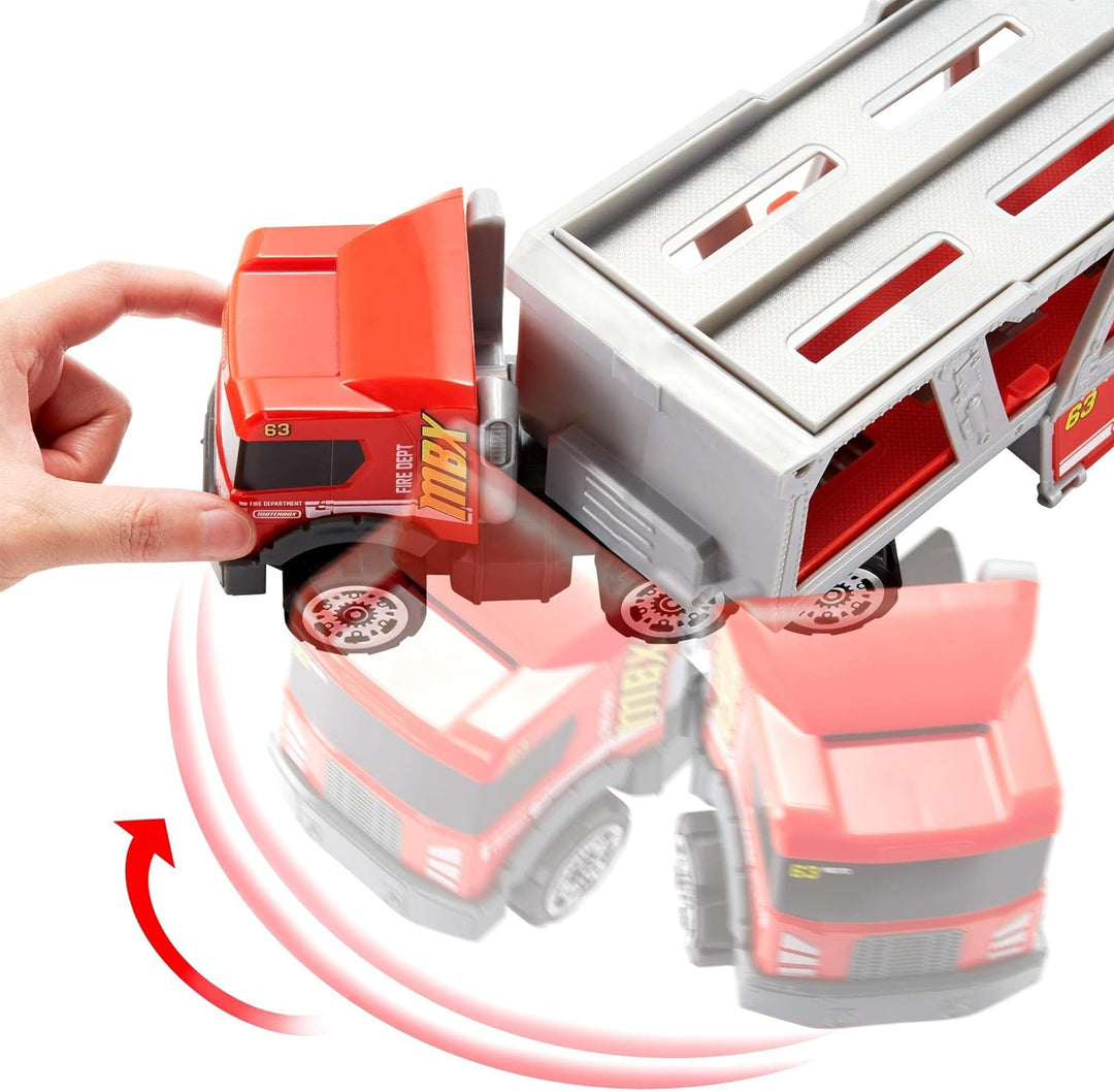 Matchbox GWM23 - Matchbox Construction Hauler mit 1 Feuerwehrfahrzeug und 8 Zubehörteilen, Spielzeug