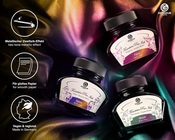 Octopus Fluids 3 x 30 ml Füllhaltertinte Sheen mit Konverter, Set MAGIC, MAGIC